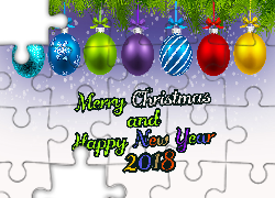 Bombki, Napis, Merry Christmas, Happy New Year, 2018