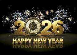 Napis, Happy New Year, Nowy Rok, 2026, Zegar, Fajerwerki, Sylwester