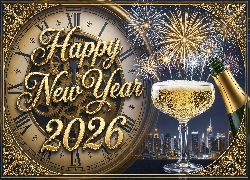 Sylwester, Nowy Rok, 2026, Zegar, Napis, Happy New Year, Kieliszek, Butelka, Fajerwerki