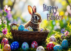 Wielkanoc, Koszyk, Królik, Kolorowe, Pisanki, Mech, Kwiaty, Napis, Happy Easter